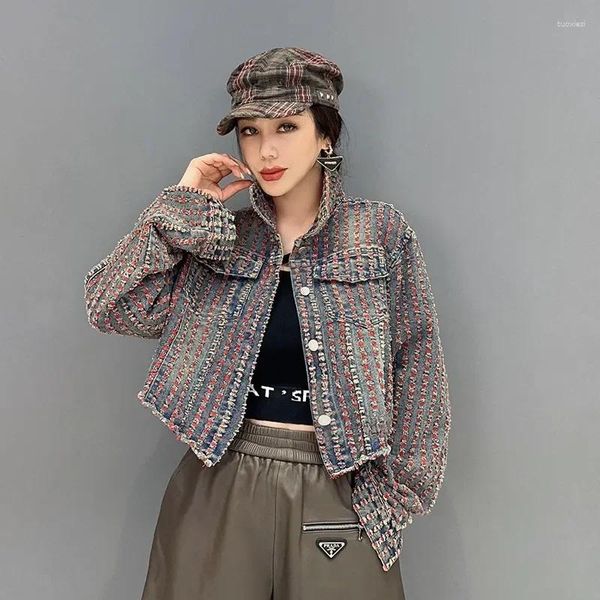Kadın Ceketleri Vintage Tasarım Kısa Ceket Kadın Sonbahar Kış Tam Kol Kıyafet Yatak Denim Üstleri Giyim Abrigo de Mujer
