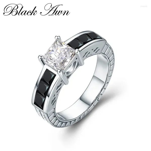 Cluster Ringe 2024 Echt 925 Sterling Silber Schmuck Schwarz Stein Hochzeit Für Frauen Quadrat Zirkon Verlobungsring Femme Bague C432