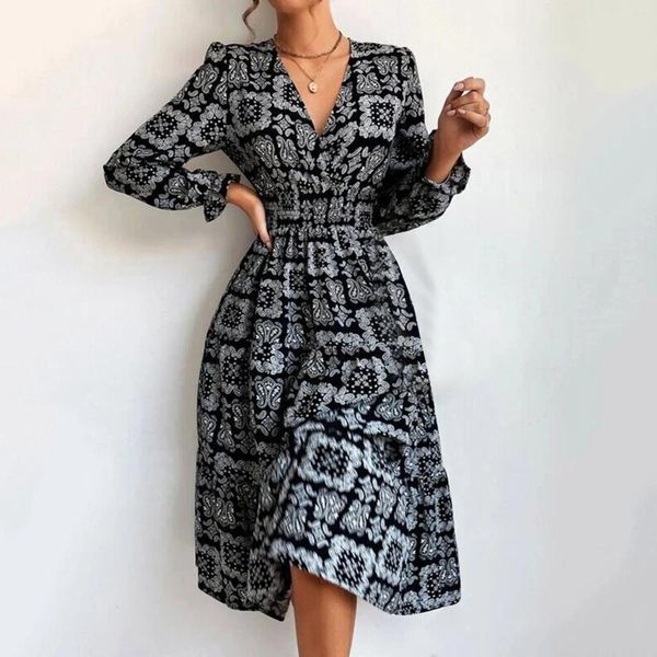 Casual Kleider Mode V-ausschnitt Langarm Vintage Midi Kleid Frauen 2024 Frühling Herbst Print Damen Büro Party Für Frau