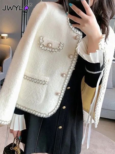 2024 outono e inverno imitação de lã de vison jaqueta de malha moda coreana o-pescoço único cardigan top novo casual jaqueta curta 240123