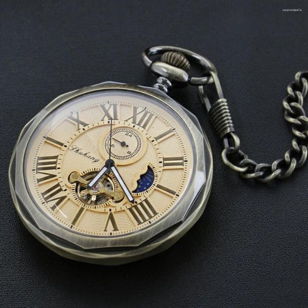 Taschenuhren Antike Mondphase Schwungrad Vintage mechanische Herrenuhr römisches Zifferblatt Uhr Handaufzug mit FOB-Kette Geschenk