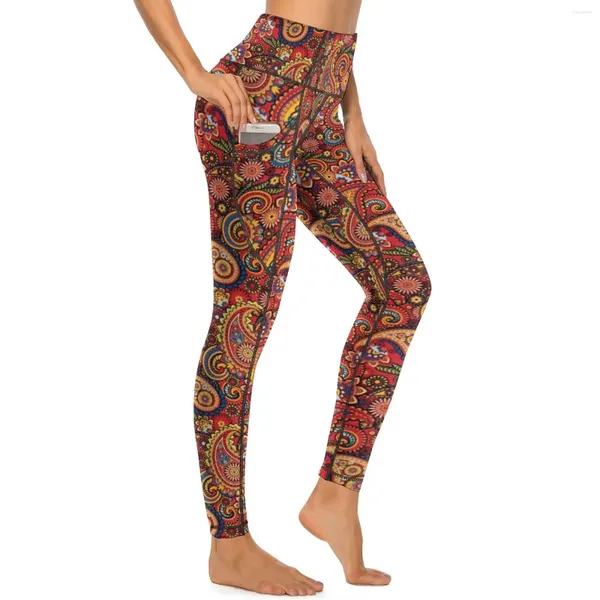 Leggings femininas clássico mod paisley yoga calças bolsos retro floral impressão sexy push up engraçado esportes collants elástico gráfico fitness