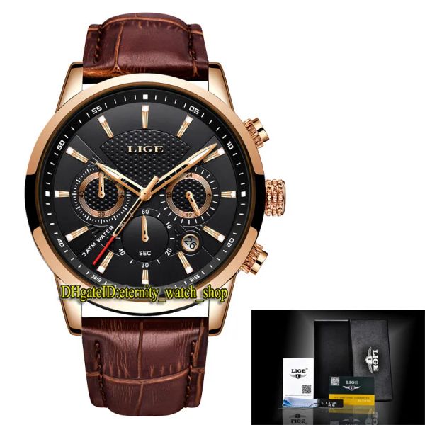 LIGE Eternity LG9866 Sport Lige Watch Цена Черный циферблат, Японский кварцевый хронограф VK, корпус из сплава розового золота, коричневый кожаный ремешок спереди