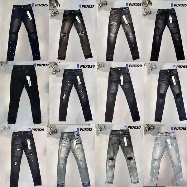 Designer de jeans roxo masculino rasgado motociclista slim slim skinny designer de jeans de moda verdadeira marca