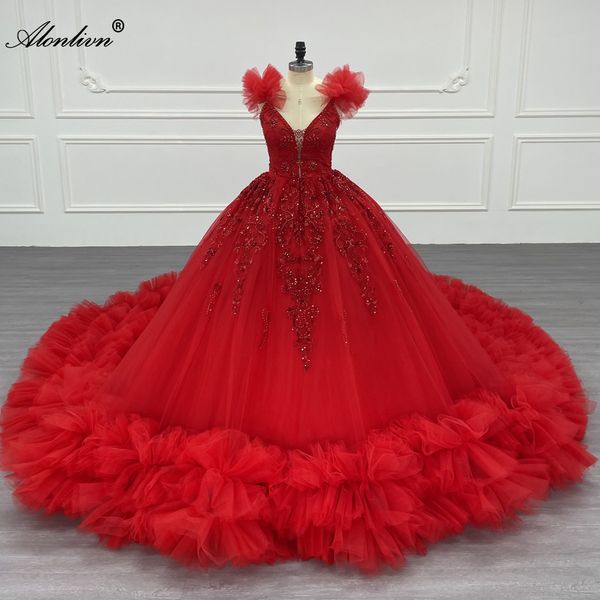 Alonlivn Elegantes, farbenfrohes, geschichtetes Rüschen, Perlen, Pailletten, Perlenapplikationen, Brautkleid, V-Ausschnitt, Ballkleid, Brautkleider