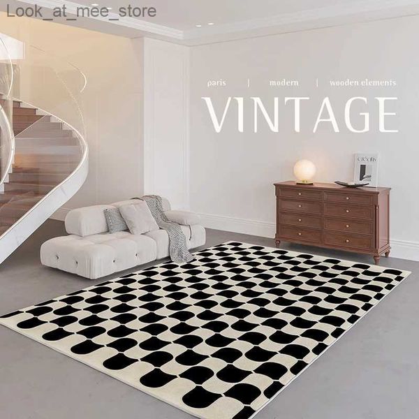 Halı Fransız geniş alan siyah ve beyaz dama tahtası oturma odası halı kalınlaşmış yumuşak yatak odası halılar hafif lüks retro cloakroom halı q240123