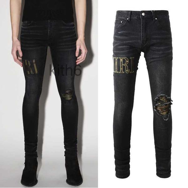 Jeans in denim nero strappato sbattimento danni candeggina lavato usurato vestibilità slim taglia 38 DHQM