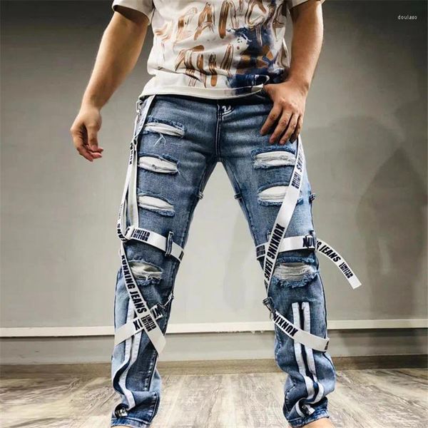 Herren Jeans Techwear 2024 Frühling Herren Patch Webbing Denim Hosen Fuß Reißverschluss Ripped Hip Hop Vintage Skinny Man Cargohose