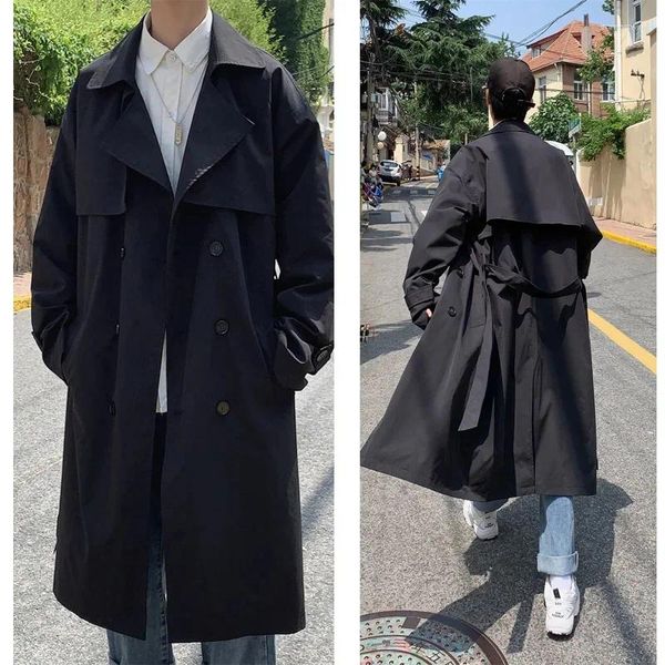 Casacos de trincheira masculinos 2024 estilo coreano primavera casaco masculino streetwear blusão trenchcoat homens negócios sólidos casual solto longo casaco