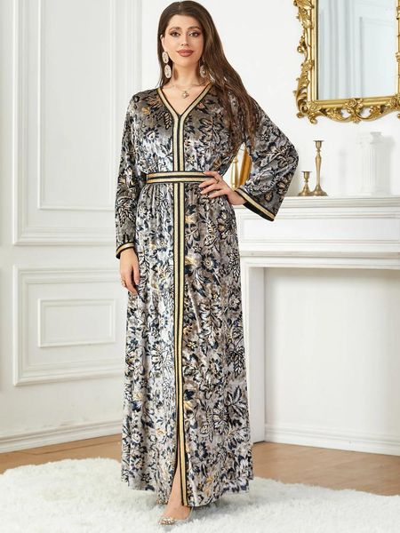 Roupas étnicas outono inverno muçulmano vestido de veludo para mulheres abaya split floral impressão marrocos festa vestidos longos dubai kaftan árabe robe