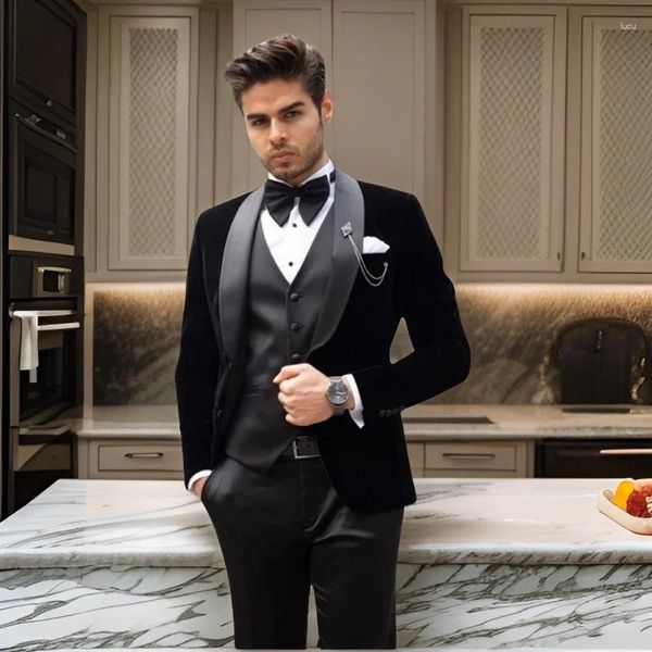 Ternos masculinos formal casamento smoking fino ajuste masculino para o baile de formatura noivo feito sob encomenda 3 pçs masculino veludo fumar terno jaqueta com calça colete 2024