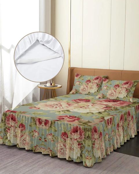 Saia de cama flor peônia vintage fazenda elástica colcha com fronhas capa de colchão conjunto de cama lençol