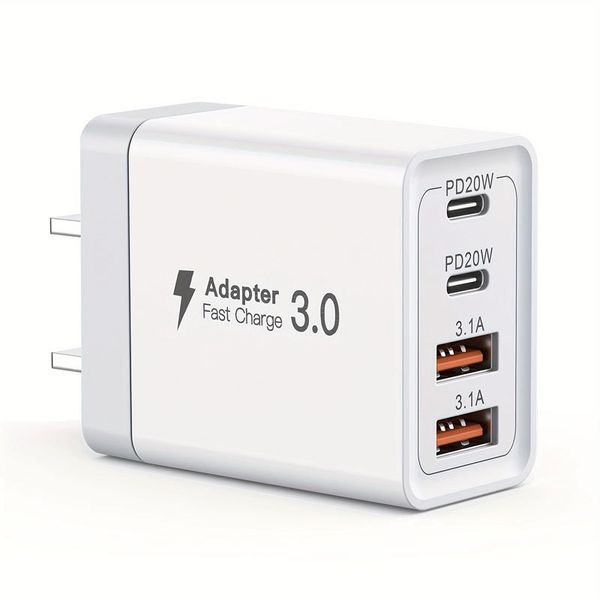 Cubo de carregador USB C de 40 W Plugue de parede Bloco de carregamento rápido PD de 4 portas + adaptador de energia QC Caixa de tijolo multiporta tipo C para séries de iPhone, tablets, celulares