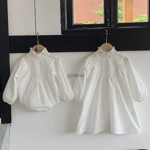 Vestidos da menina coreano primavera outono crianças vestido de princesa bebê menina macacão de manga comprida laço bordado vestido de algodão família irmãs roupas 0-6y