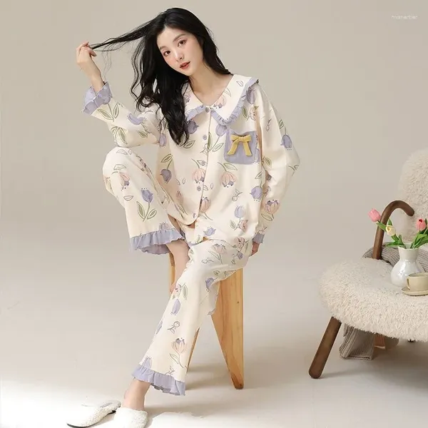 Damen Nachtwäsche Pyjamas Frühling Herbst Baumwolle Lange Ärmel Hosen Outfit 2024 Mode Mädchen Süße Puppe Kragen Loungewear Set