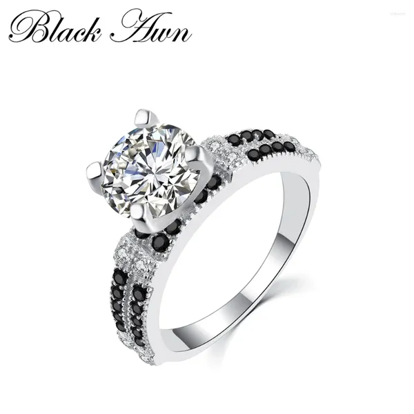 Anéis de cluster moda jóias finas genuína 925 anel de prata esterlina blackwhite pedra noivado para mulheres bague femme c041