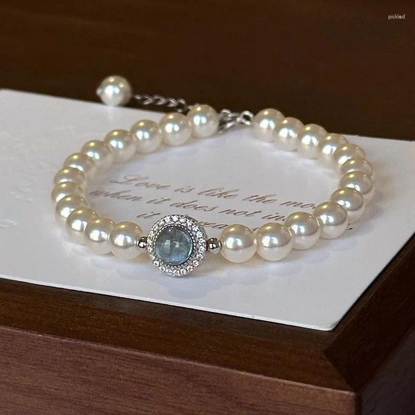 Strand francês vintage pérolas contas pulseira elegante feminino azul cristal senhoras simples moda jóias meninas presente de aniversário