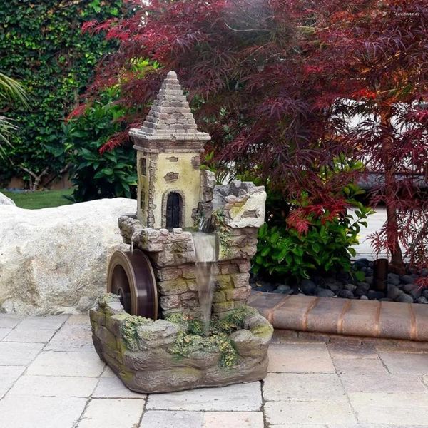 Decorações de jardim fonte de água decoração piso ao ar livre em camadas castelo de fadas waterwheel com pedra realista olhar fontes interiores