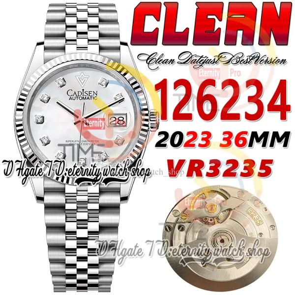 Super Edition Eternitywatches Clean CF 126234 VR3235 Автоматические часы унисекс из нержавеющей стали с 36-миллиметровым рифленым шваброй с бриллиантами, маркерами, циферблатом и