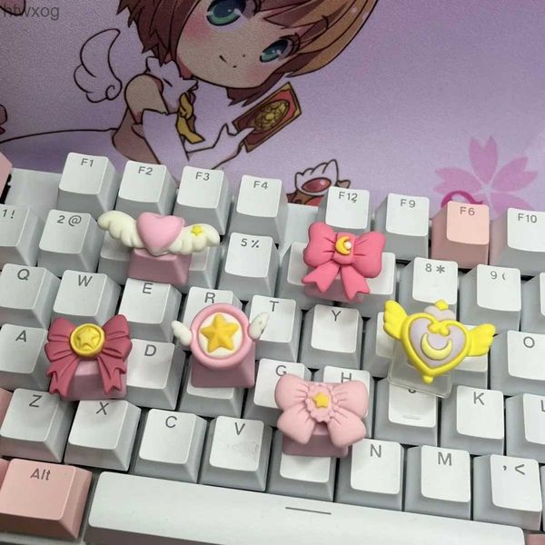 Tastaturen 1 Taste Magical Girl Sakura Mechanische Tastenkappen Dreidimensionale Anime Rosa Tastatur Kreuzschaft Persönlichkeit Bogen Anime Tastenkappen YQ240123