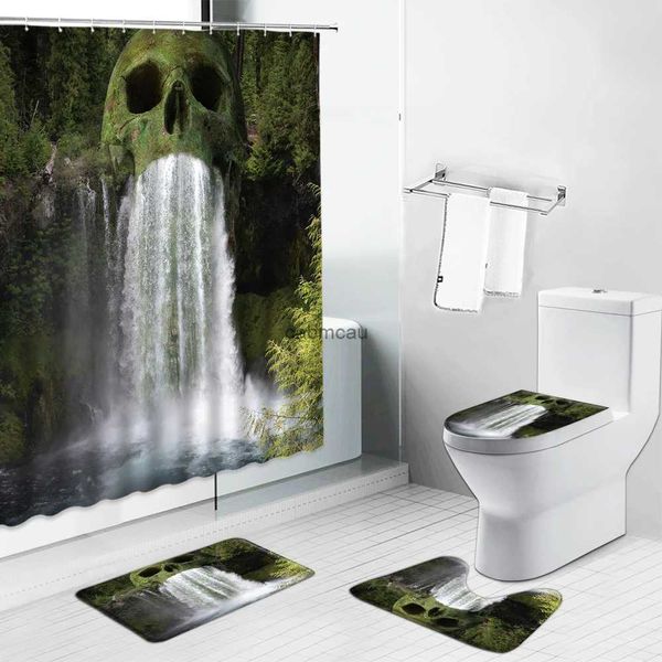 Tende da doccia Cascata Stile cinese Fiore Uccello Scenario Tenda da doccia Set Arredamento bagno Flanella antiscivolo Tappetino da bagno Tappeto Copriwater Tappeto