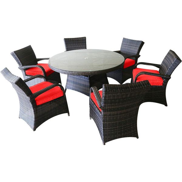 Set da pranzo da esterno da 7 pezzi, tavolo da pranzo da patio in vimini e sedie con cuscini, tavolo rotondo in vetro temperato con foro per ombrellone, set di mobili da giardino in rattan PE