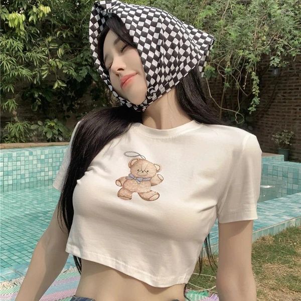 Kadın Tişörtleri Sevimli Karikatür Ayı Baskı Yuvarlak Boyun Kısa Kollu Dantel Beyaz Seksi Y2K mahsulü Üst bayanlar Yaz Pamuk T-Shirt Basic Casual