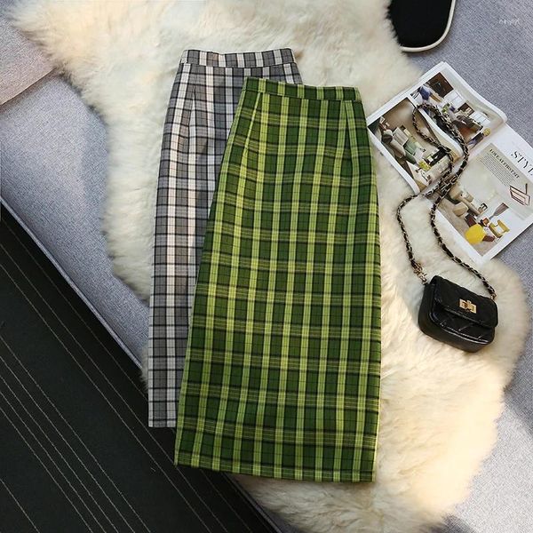 Saias Red Plaid Pano Long Split Elegante Cintura Alta Mulheres Primavera Outono Inverno Estilo Coreano Moda 2024 Harajuku