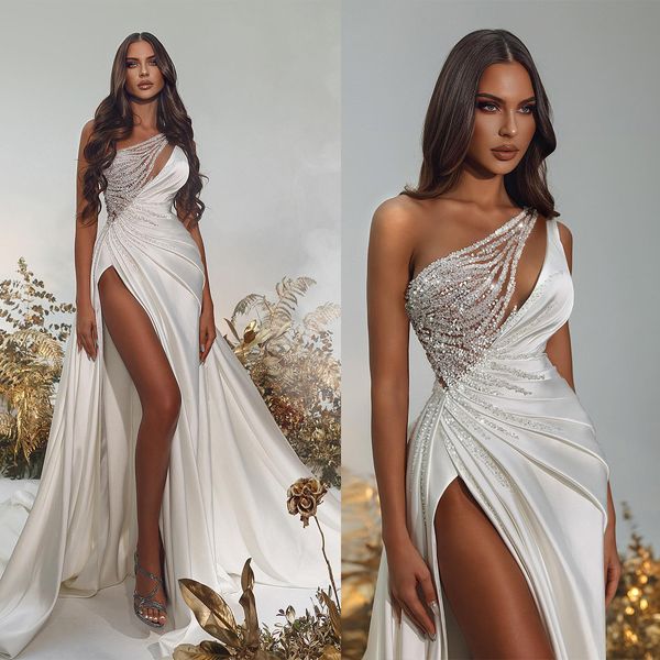 Simples um ombro sereia vestidos de casamento lado split lantejoulas vestidos de noiva cetim sem mangas vestidos de noiva feitos sob encomenda