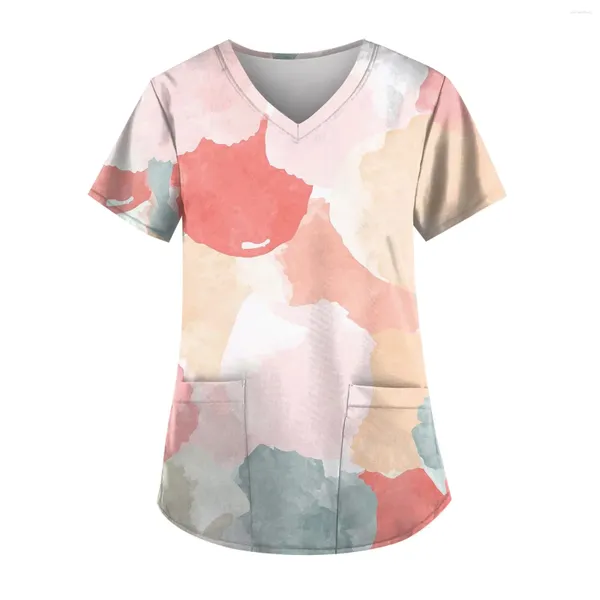 Frauen T Shirts 2024 Floral Print Shirt Tops Sommer Arbeits Uniform Kurzarm Schlank Top Frauen Arbeit Tragen Uniformen Pflege