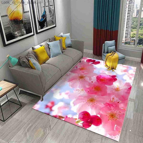 Teppich 3D Schöner Pfirsichblüten-Teppich Kreative weiße rosa Blumenteppiche Küche Badezimmer Anti-Rutsch-Matte Wohnzimmer Schlafzimmer Dekor Teppiche Q240123