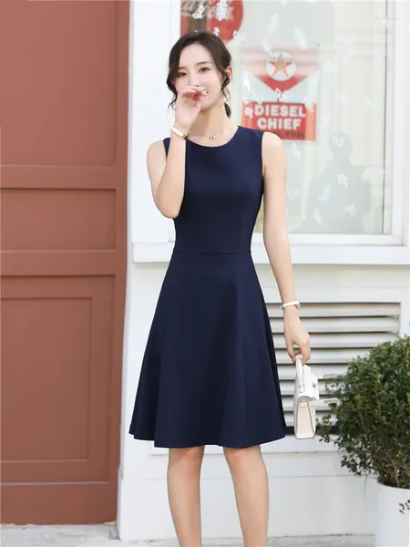 Lässige Kleider Elegantes schwarzes ärmelloses Kleid für Frauen 2024 Sommer Oansatz Mode Slim OL Arbeit Büro Business Vestidos Marineblau Swing