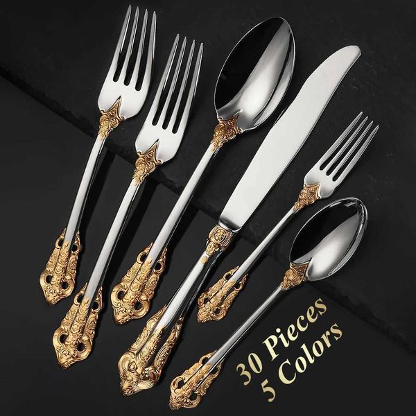 Camp Kitchen 30-teiliges Royal Vintage-Besteck aus vergoldetem Edelstahl, buntes Löffel-Gabel-Messer-Set, Schwarz-Roségold-Besteckservice für 6 Personen YQ240123