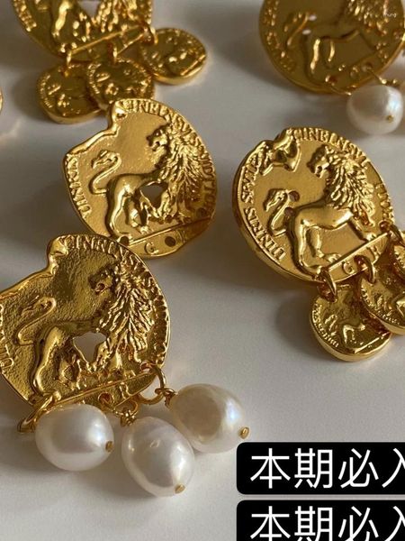 Orecchini a bottone Orecchino con moneta francese, placcato spesso, modello in metallo pregiato vintage con leone in vero oro 24 carati