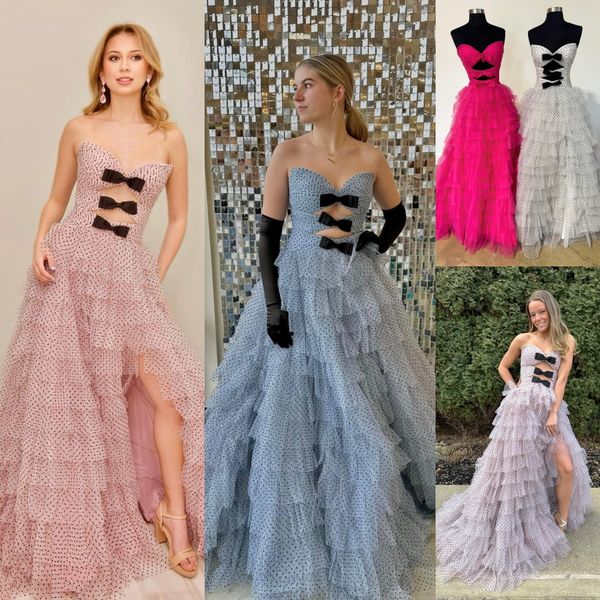 Gepunktetes Tüll-Abschlussballkleid 2k24, Schlüssellöcher, Schleifen, Rüschen, Schlitz, Festzug, Winter, formelle Abendveranstaltung, Party, Gala, Golden Globe Award, Promi-Kleid, Fuchsia, Blau, Elfenbein, Schwarz