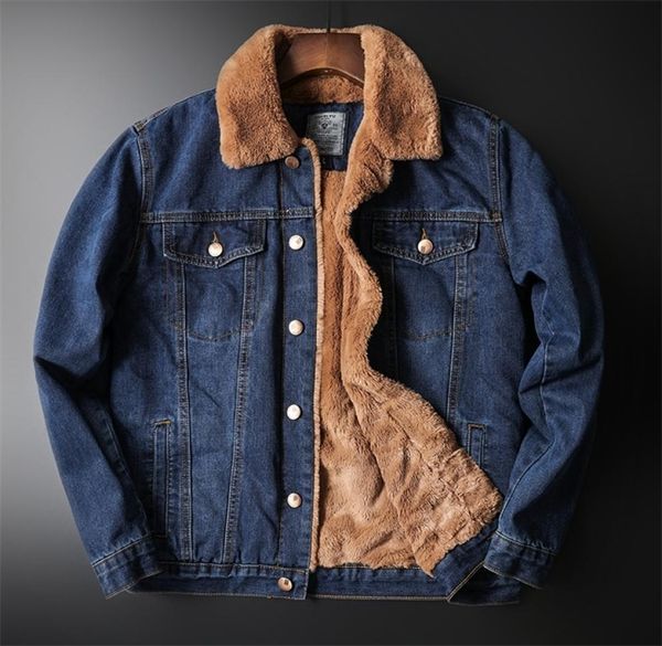 Inverno de alta qualidade nova men039s jeans jaqueta casual cor sólida jaqueta jeans mais veludo quente gola de pele jeans jaqueta grande m53868523