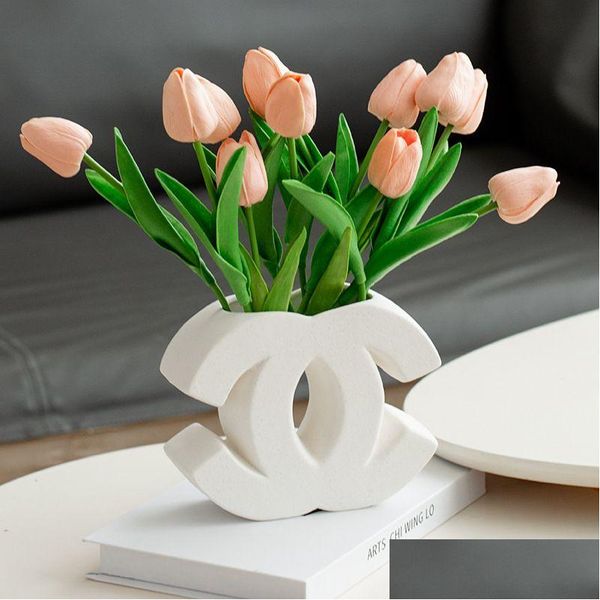 Vasos Luxo Cerâmica Vaso Designer Clássico Logo Forma Branco Ins Estilo High-End Floral Creme Nordic Mesa De Jantar Decoração Home Entr Otsi8