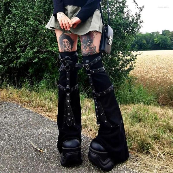 Calças femininas gótico ilhó cinta mulheres calças pernas vintage escuro acadêmico magro bandagem perna meias preto malha boot punhos punk