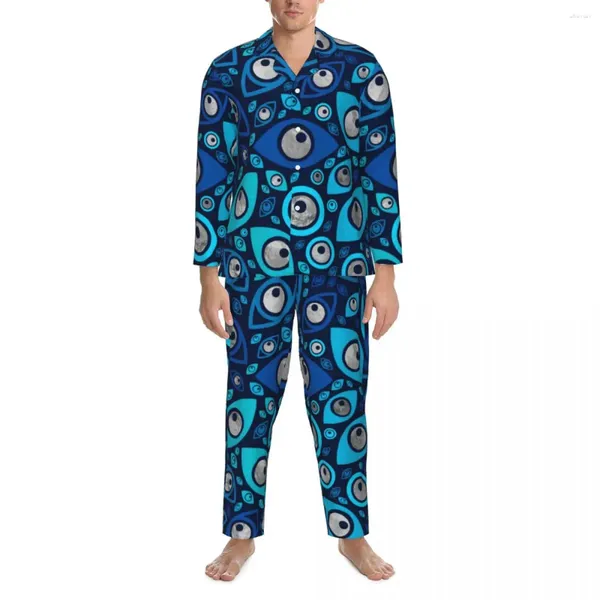 Erkek pijama mavisi ve gümüş kötü göz pijama setleri Yunan muska kawaii çift uzun kollu vintage ev 2 adet gece giyim artı boyutu