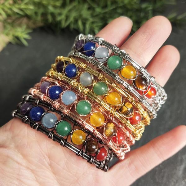 Bracciale rigido 7 chakra perline di cristallo braccialetto avvolto in filo di rame fatto a mano Reiki guarigione equilibrio pietre preziose gioielli regalo yoga