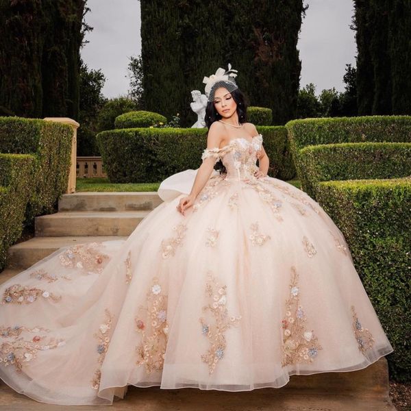 Сексуальное милое платье принцессы Quinceanera с открытыми плечами и аппликацией, цветочное кружево, расшитое бисером, милое 16 Vestidos De 15 Anos