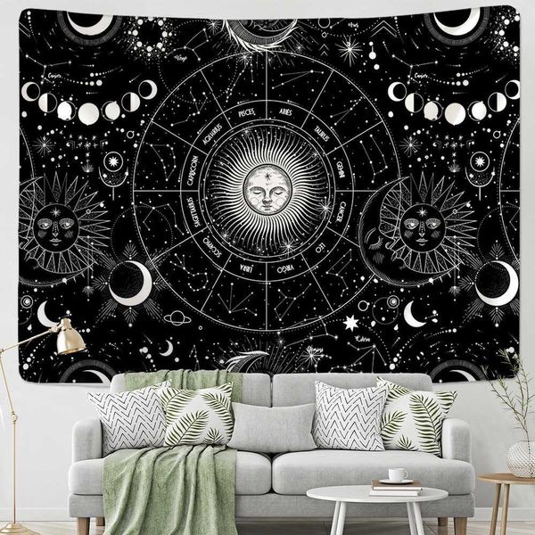 Tapeçarias branco preto sol lua mandala céu estrelado tapeçaria tapeçaria boêmio cigano psicodélico tapiz bruxaria astrologia tapeçaria