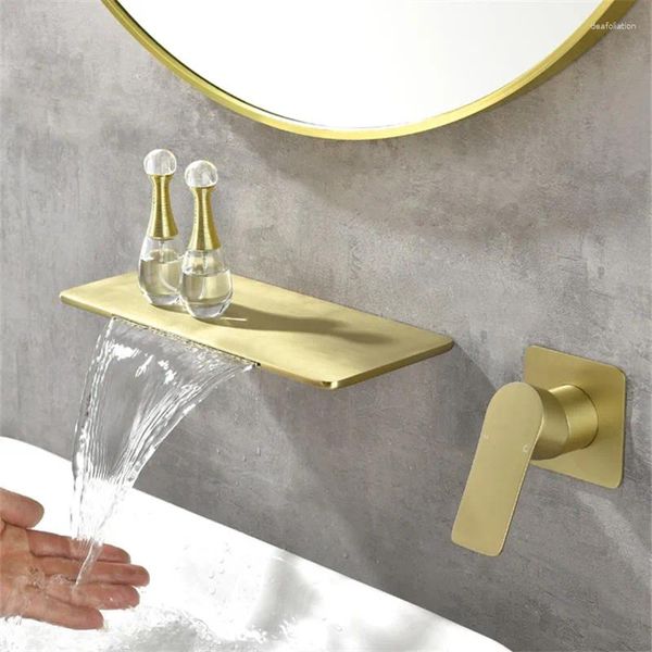 Badezimmer-Waschtischarmaturen, Waschtischmischer, Messinghähne, Wandmontage, gebürstetes Gold, kalt, Einhandgriff, Schwarz/Gun Grey, Regal, Wasserfall