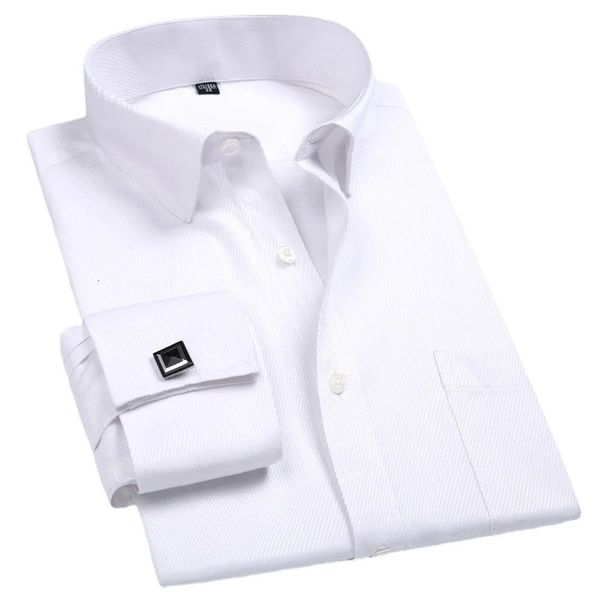 Homens camisa de punho francês abotoaduras branco manga longa botões casuais camisas de marca masculina roupas de ajuste regular 240123