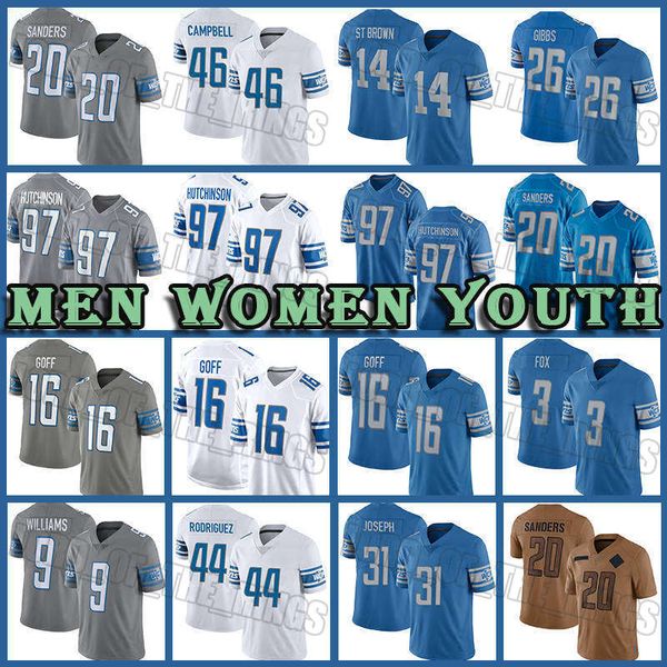 Brown Jared Goff Camisa de futebol Jahmyr Gibbs Detroits Jameson Williams Malcolm Rodriguez Liones Penei Sewell Kerby Joseph Jack Campbell Barry Sanders