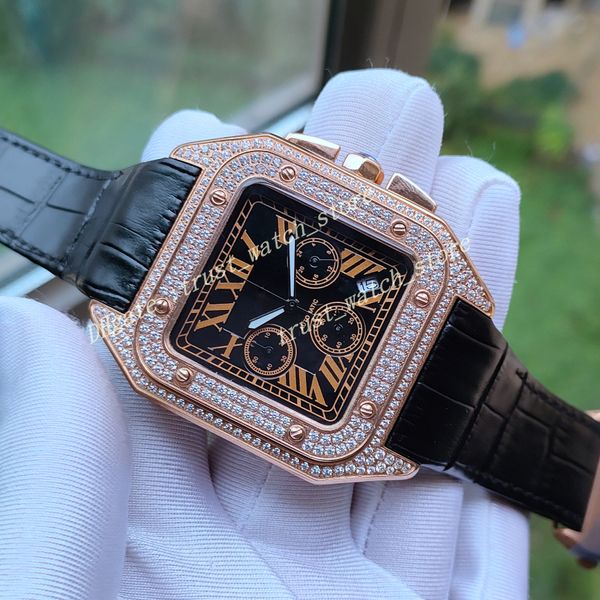 Orologio da uomo in oro rosa con versione Super Factory, cronografo con lunetta in diamanti, movimento al quarzo, vetro zaffiro, orologi da polso da uomo