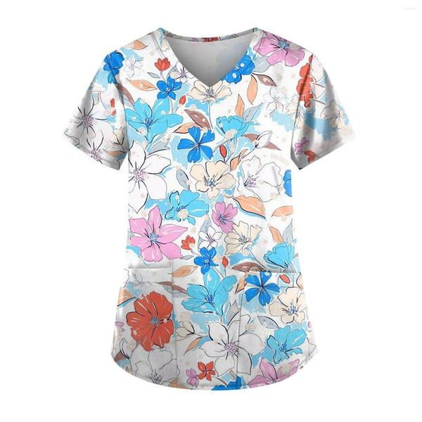 Mulheres camisetas Mulheres Uniforme Floral Imprimir Tops V-Pescoço Bolso Uniformes Enfermagem Scrub Roupas de Trabalho Cuidados Trabalhadores Blusa 2024 Primavera