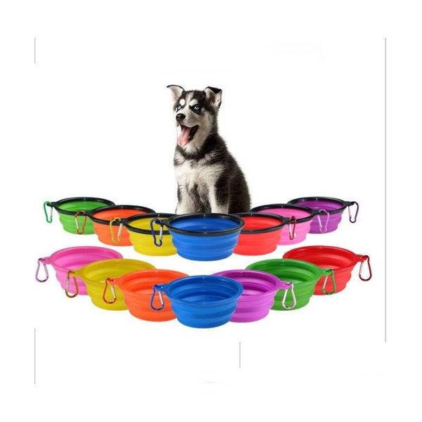 Ciotole per cani Alimentatori Pet Sile Pieghevole con clip da arrampicata Gancio pieghevole Gatti Piatto d'acqua Alimentatore portatile Ciotola da viaggio per cuccioli Drop Deli Dhyu0