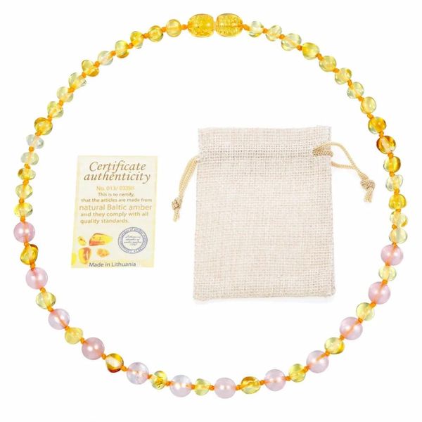 Gioielli Haohupo Collana originale per dentizione in ambra baltica per donna Certificato di fornitura Bracciale in cristallo rosa + ambra dorata per regalo per bambini