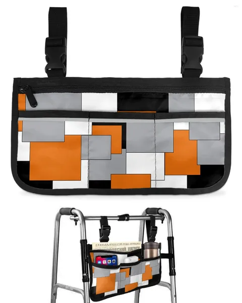 Borse portaoggetti Borsa per sedia a rotelle con arte astratta patchwork nero arancione con tasche Borsa per deambulatore per scooter elettrico laterale sul bracciolo